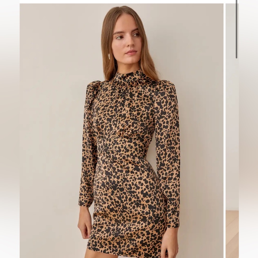 SILK!!! Reformation “Samuel” Silk Dress, Black and Tan Animal Print Dress